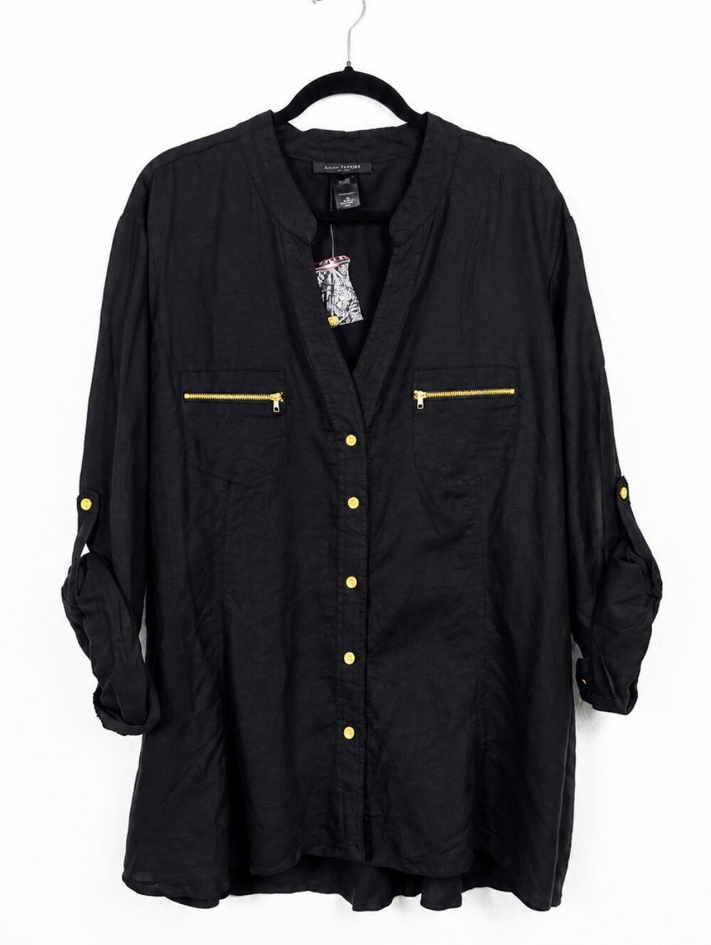 Ashley Stewart 24 Black Gold Hardware Utility Blouse Quiet Luxury Plus Size